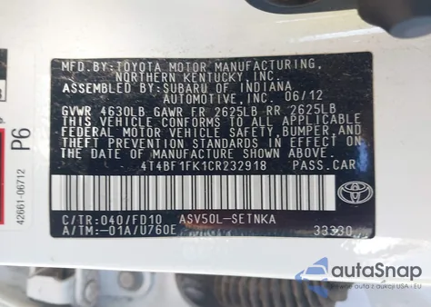 2012 Toyota Camry Le из США, поврежденный, VIN 4T4BF1FK1CR232918